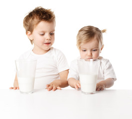 children drink milk, isolated on white background