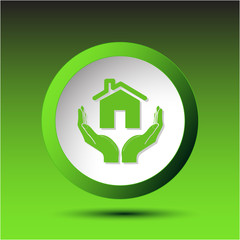 home in hands. Plastic button. Vector illustration.