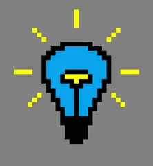 Door stickers Pixel Pixel art. Blue light bulb on a gray background