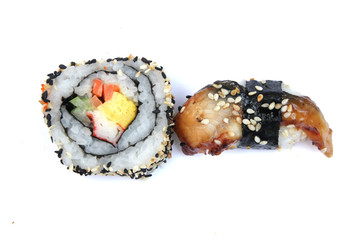 Maki sushi roll with sesame border and Anago sushi