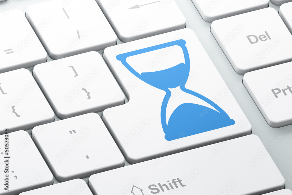 Aufkleber timeline concept: hourglass on computer keyboard background