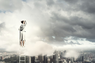 Businesswoman standing on ladder