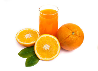 orange juice and orange fruits with green leaves on white backgr