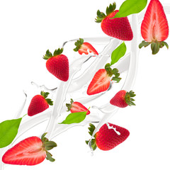Strawberries in milk splash, isolated on white background 