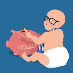 Cute baby putting money in piggy bank for retirement