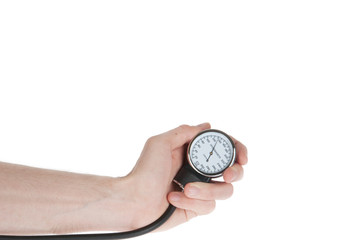 Hand holding a sphygmomanometer isolated on white background