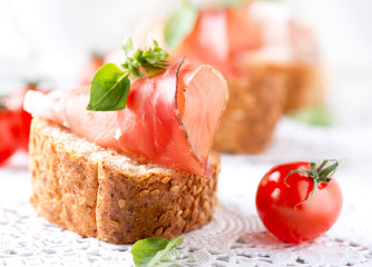 Jamon. Slices of Bread with Spanish Serrano Ham Served as Tapas