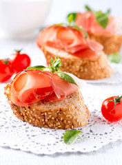 Jamon. Slices of Bread with Spanish Serrano Ham Served as Tapas