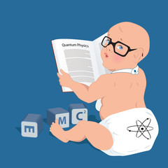 Cute baby in a diaper reading a book on Quantum physics