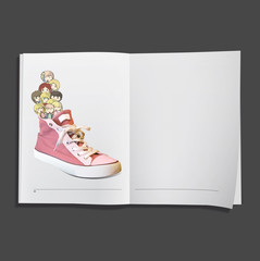 Kids on pink shoe printed on white book, 