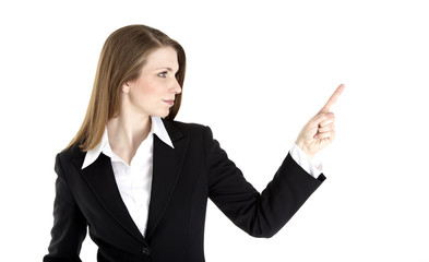 Business woman points at something on the right