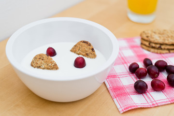 Breakfast containing yogurt, cereal biscuits and cranberries