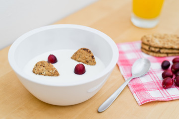 Breakfast containing yogurt, cereal biscuits and cranberries