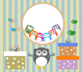 birthday party elements with cute owls and birds