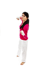 Young beautiful woman with white boxing bandage on hands