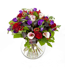 bouquet of pink, red and violet flowers isolated on white