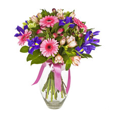 bouquet of pink and violet flowers isolated on white