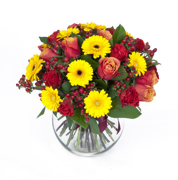 bouquet of roses and gerberas in vase isolated on white