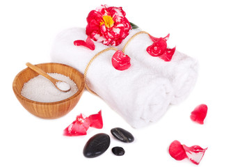 Flower of camellia with towels and salt isolated