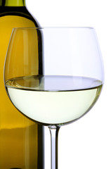 White wine glass and bottle of wine isolated on white