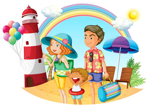 A family at the beach with a lighthouse