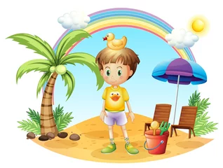 Een jong kind met zijn speelgoed bij de kokospalm © GraphicsRF