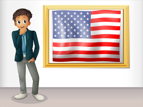A framed flag of the USA beside a man