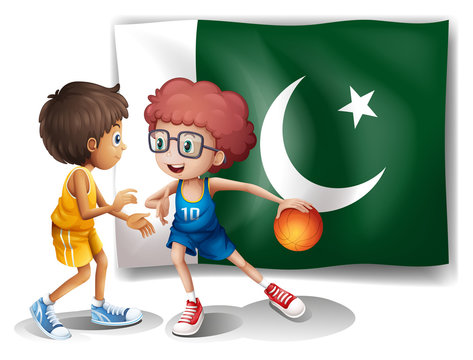 The flag of Pakistan and the basketball players