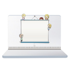 Open notebook with many children around a white screen. 