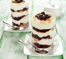 Dessert with black currant on a white table