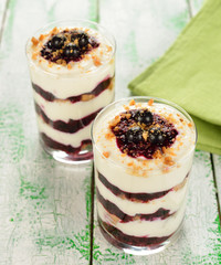 Dessert with black currant on a white table
