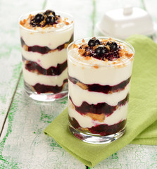 Dessert with black currant on a white table