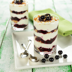 Dessert with black currant on a white table