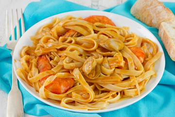 spaghetti with seafood on the white plate