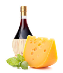 Red wine bottle and  cheese still life