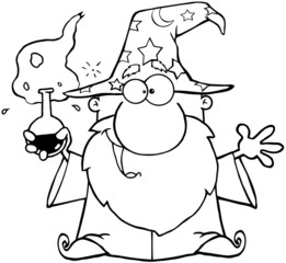 Outlined Crazy Wizard Holding A Green Magic Potion