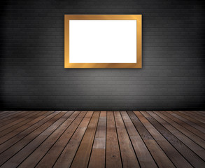 Graue Ziegelwand, Holzfussboden, Bilderrahmen