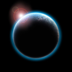 Planet with sunrise in space