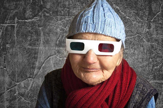 Elderly Woman With Anaglyph 3D Glasses