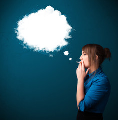 Obraz premium Young woman smoking unhealthy cigarette with dense smoke