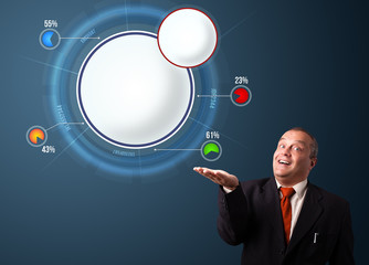 funny businessman presenting abstract modern pie chart with copy