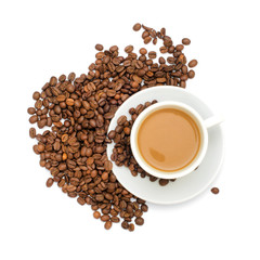 Coffee cup and beans on a white background.