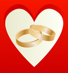 Gold wedding rings with heart shaped card vector