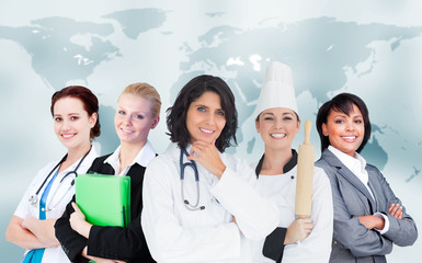 Women in different careers smiling together