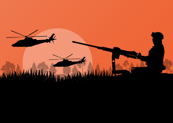 Armeesoldat mit Hubschraubern, Waffen und Transportmitteln