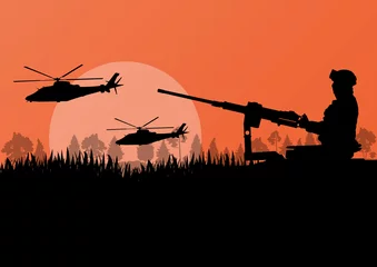 Fototapeten Armeesoldat mit Hubschraubern, Waffen und Transportmitteln © kstudija