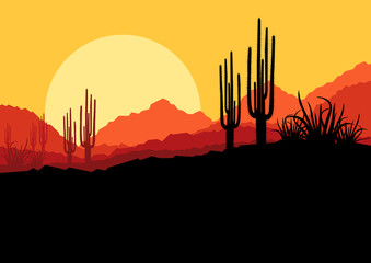 Desert wild nature landscape with cactus and palm tree plants