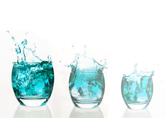 Serial arrangement of  pale blue liquid splashing in tumbler