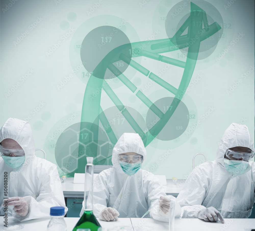 Poster chemists working in protective suit with futuristic interface sh