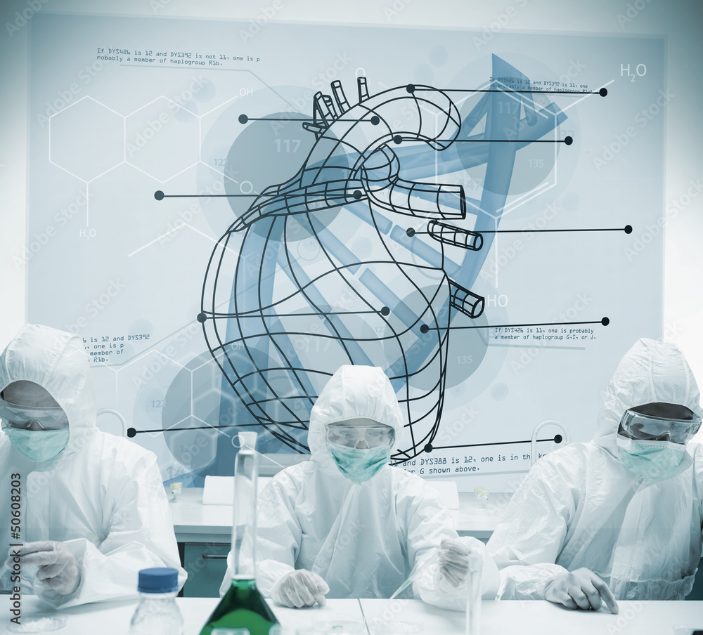 Poster Chemists working with futuristic interface showing heart and DNA